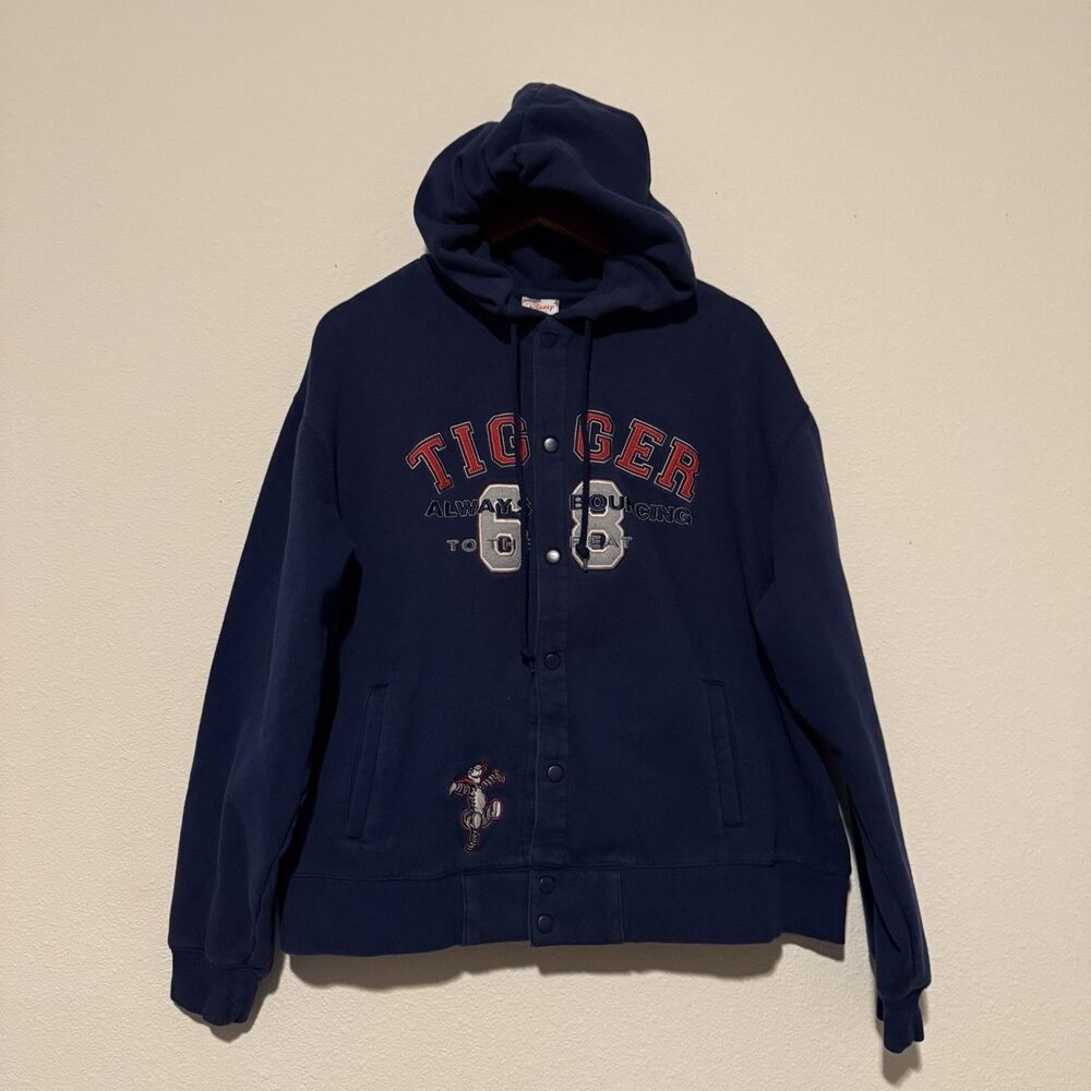 Vintage Disney Store Tigger Hoodie Jacket Womens L Navy Blue Snap Front